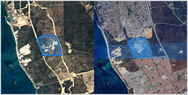 A satellite image of Tamala Park and the surrounding area in December 1991 (left) and June 2024 (right)